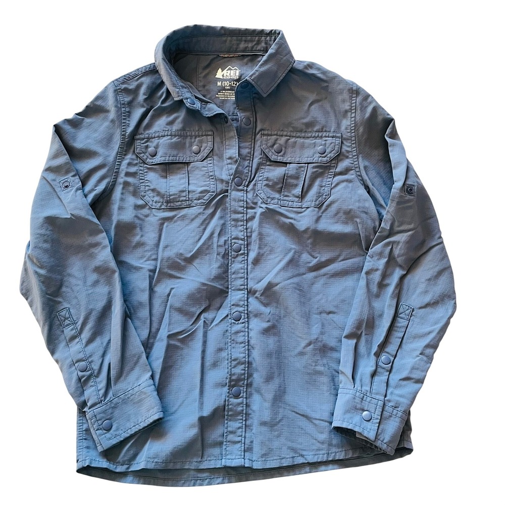 REI Co-op Kids Sahara Long Sleeve Hiking Shirt Blue Ripstop Size M 10-12 Snap Up